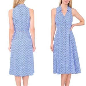 CeCe Geometric Diamond Button Down Collared Flowy Sleeveless Blue Midi Dress 6